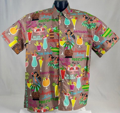 Retro Tiki Drinks Hawaiian Shirt- Made in USA- Cotton